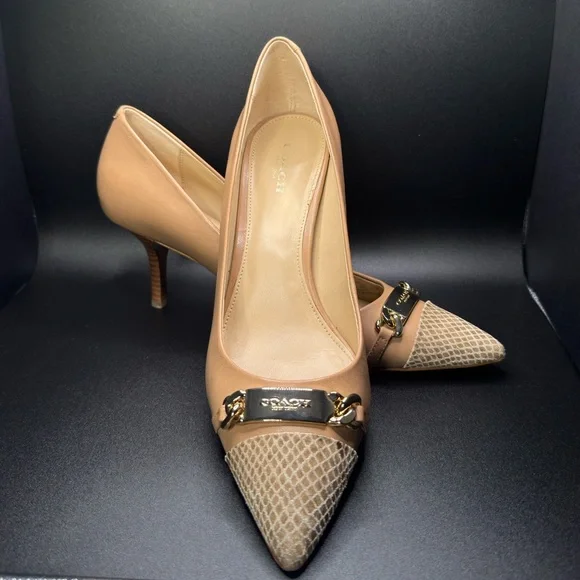 Coach Nude Pointed-Toe Flats with Gold Chain & Snakeskin Toe - Picture 7 of 12